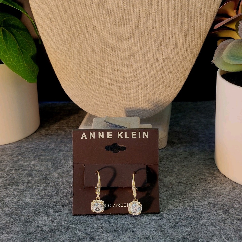 Anne Klein Cubic Zirconia Gold Tone Cushion Halo Drop Earrings